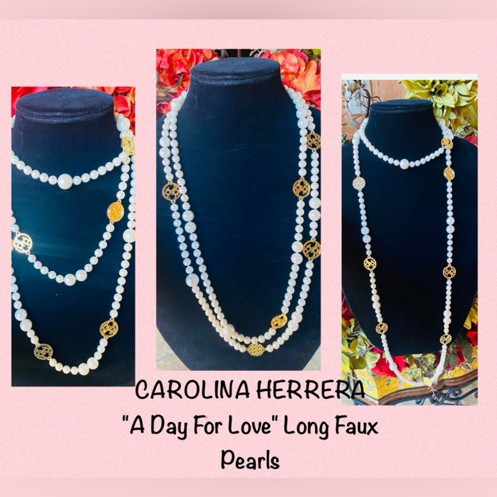 Carolina Herrera Collection long Pearl with Gold polished logo CHCH